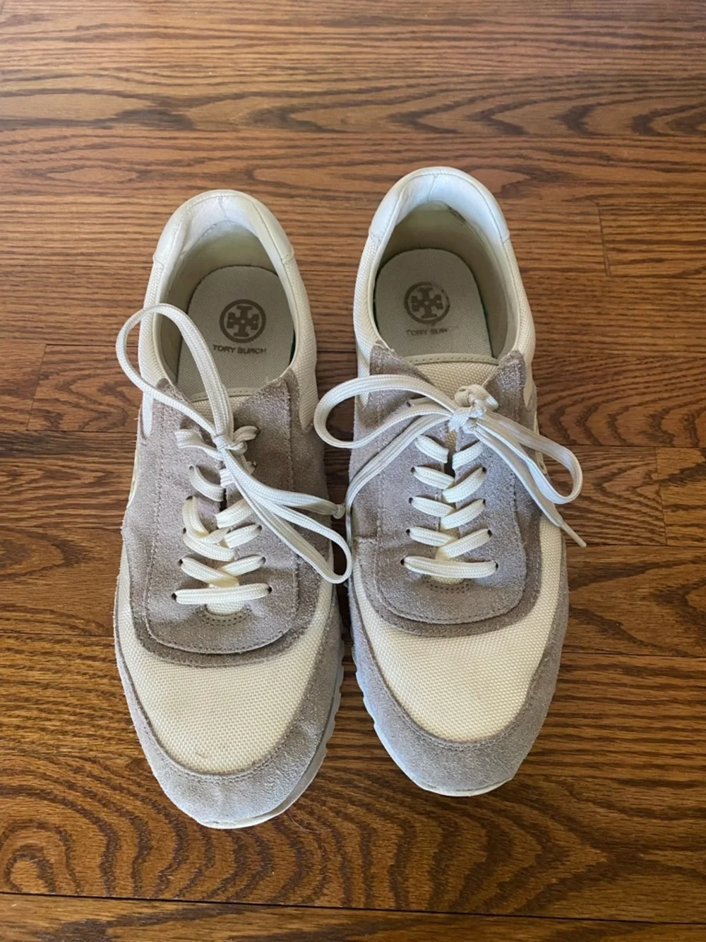 Tory Burch Beige and Cream Suede Mesh Runner Sneakers - Picture 2 of 8